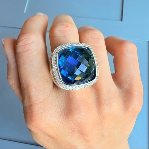 David Yurman Albion Ring 20mm Blue Topaz and Diamonds in Sterling Silver - Picture 4 of 10